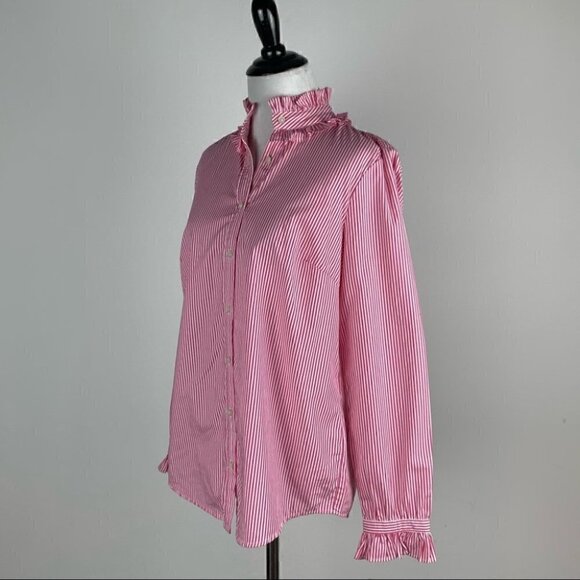 J Crew Re-imagined top style as700 size XS pink white pinstriped ruffle - Picture 6 of 13